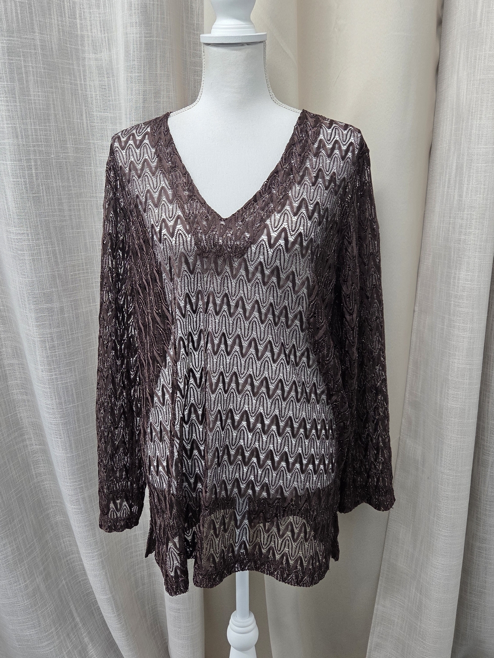 Brown V-Neck Lace Top XL Chocolate Brown Boho Glam Layering